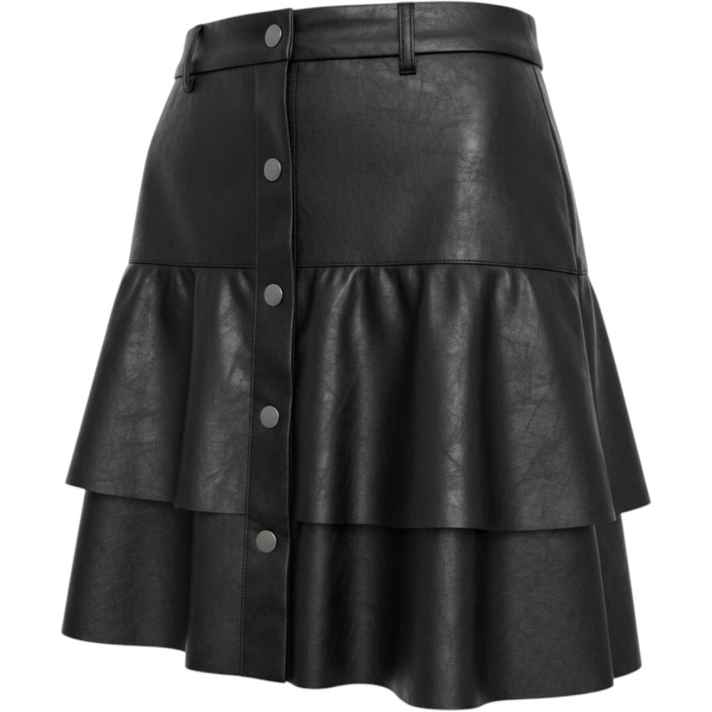 Haute Monde Black Faux Leather Tiered Ruffle Mini Skirt Button Front Small NWT